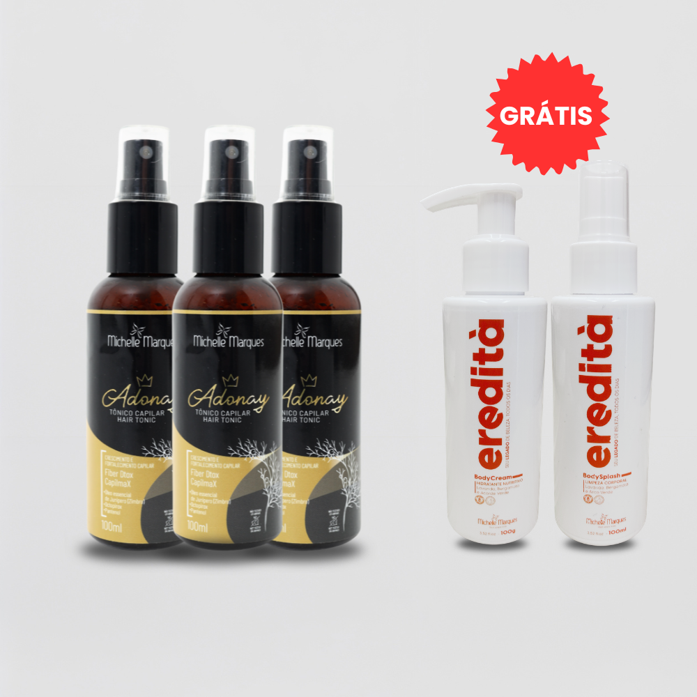 Combo de 3 Adonay Tônico Capilar + Kit Body Splash e Body Cream de presente